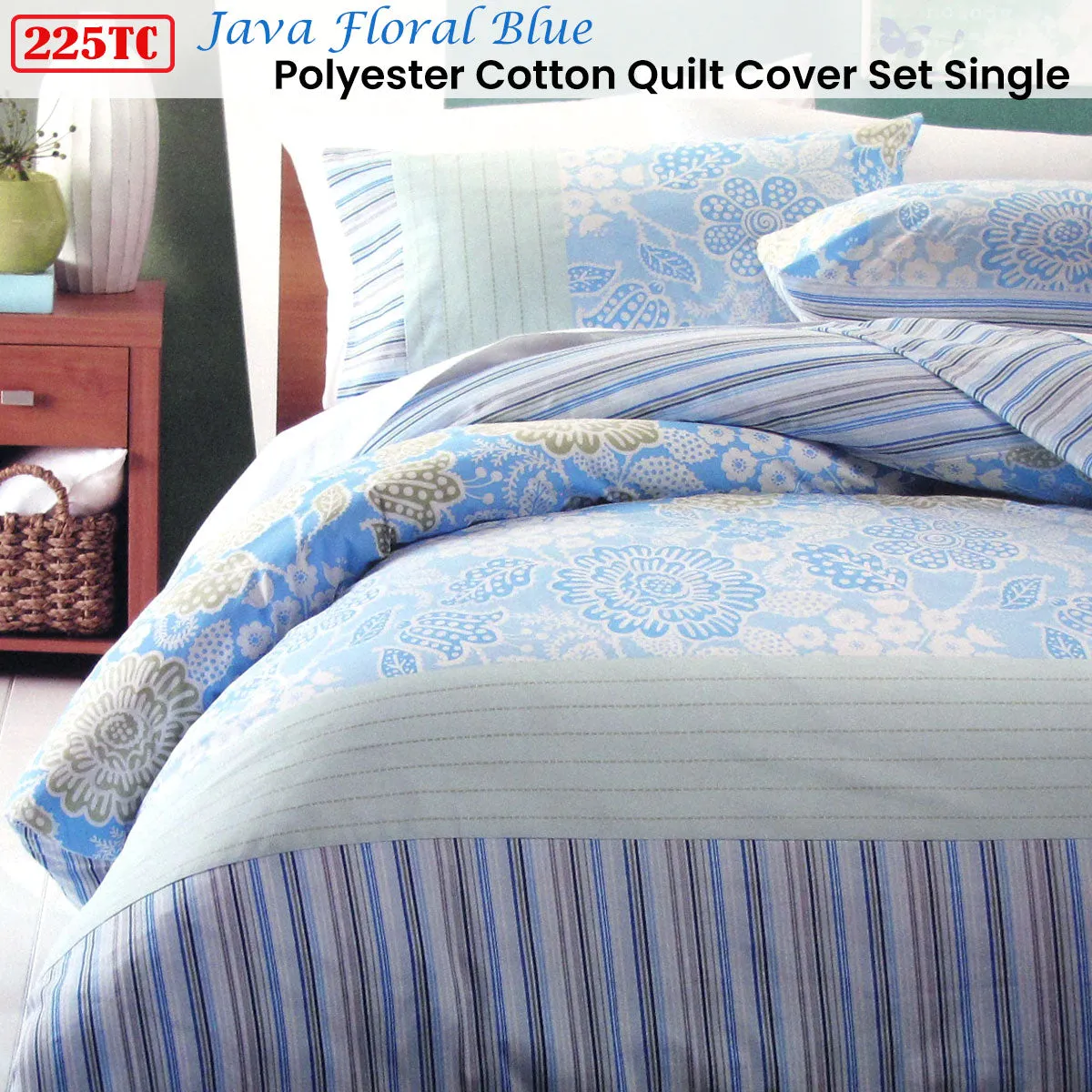225TC Java Floral Blue Polyester Cotton Quilt Cover Set | Single