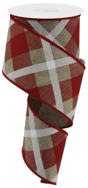 2.5" Diagonal Plaid Ribbon: Beige/Red/Wht - 10yds