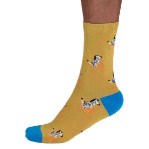 Archy Zebra on Bike Bamboo Socks in Chartreuse Yellow 7 - 11