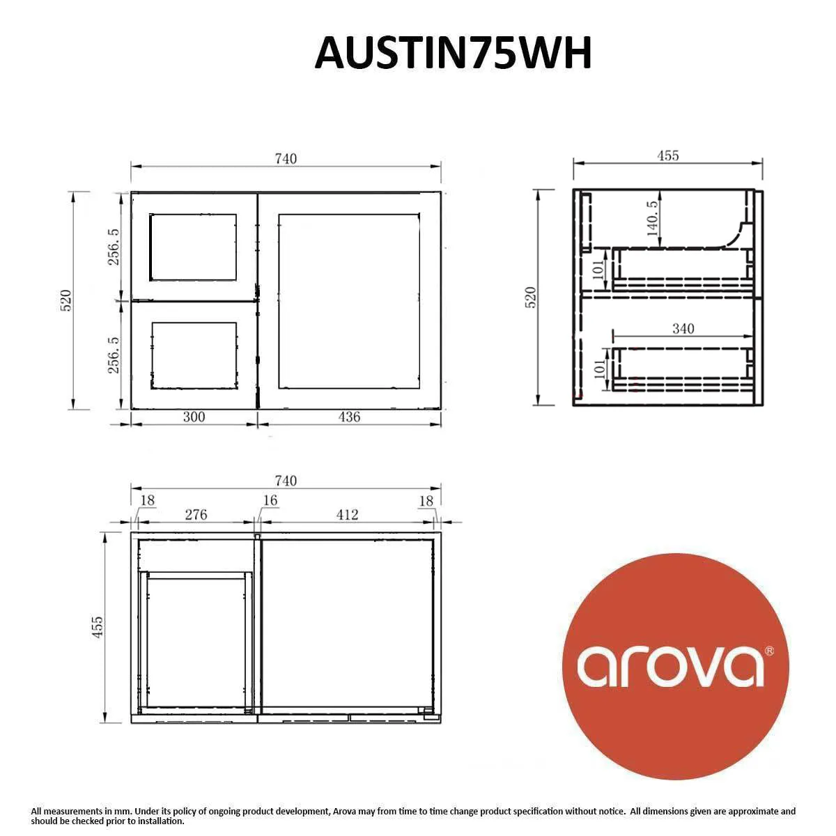 AUSTIN 750mm Wall Hung Bathroom Vanity Left Hand Side