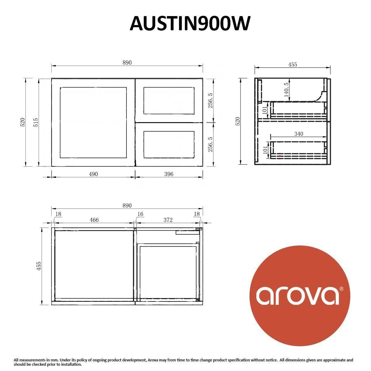 AUSTIN 900mm Wall Hung Bathroom Vanity Right Hand Side