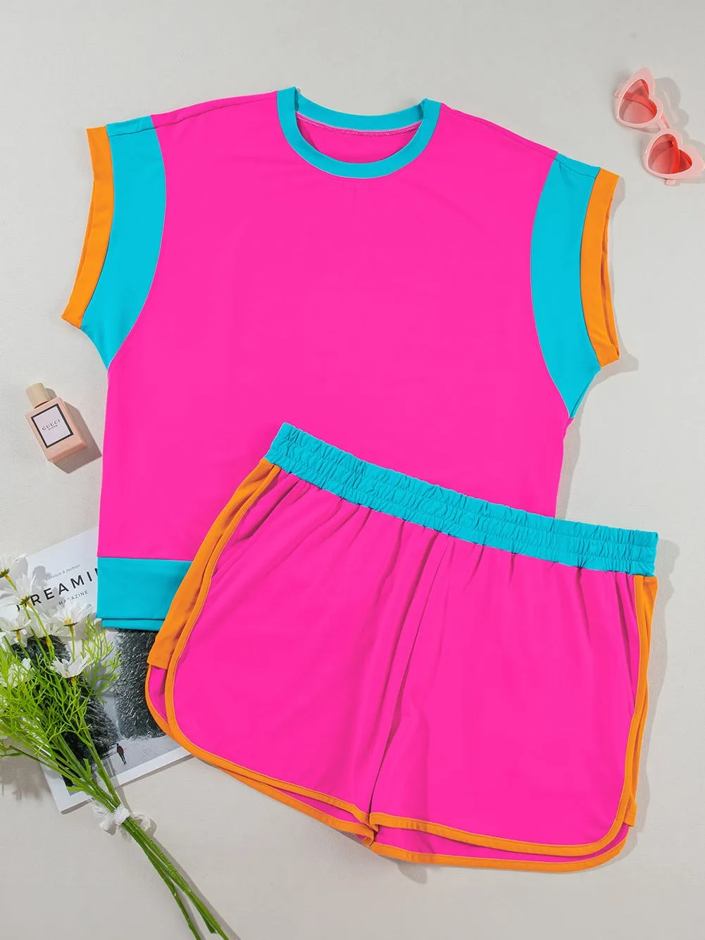 Cap Sleeve Top and Shorts Set in Pink, Teal, and Orange
