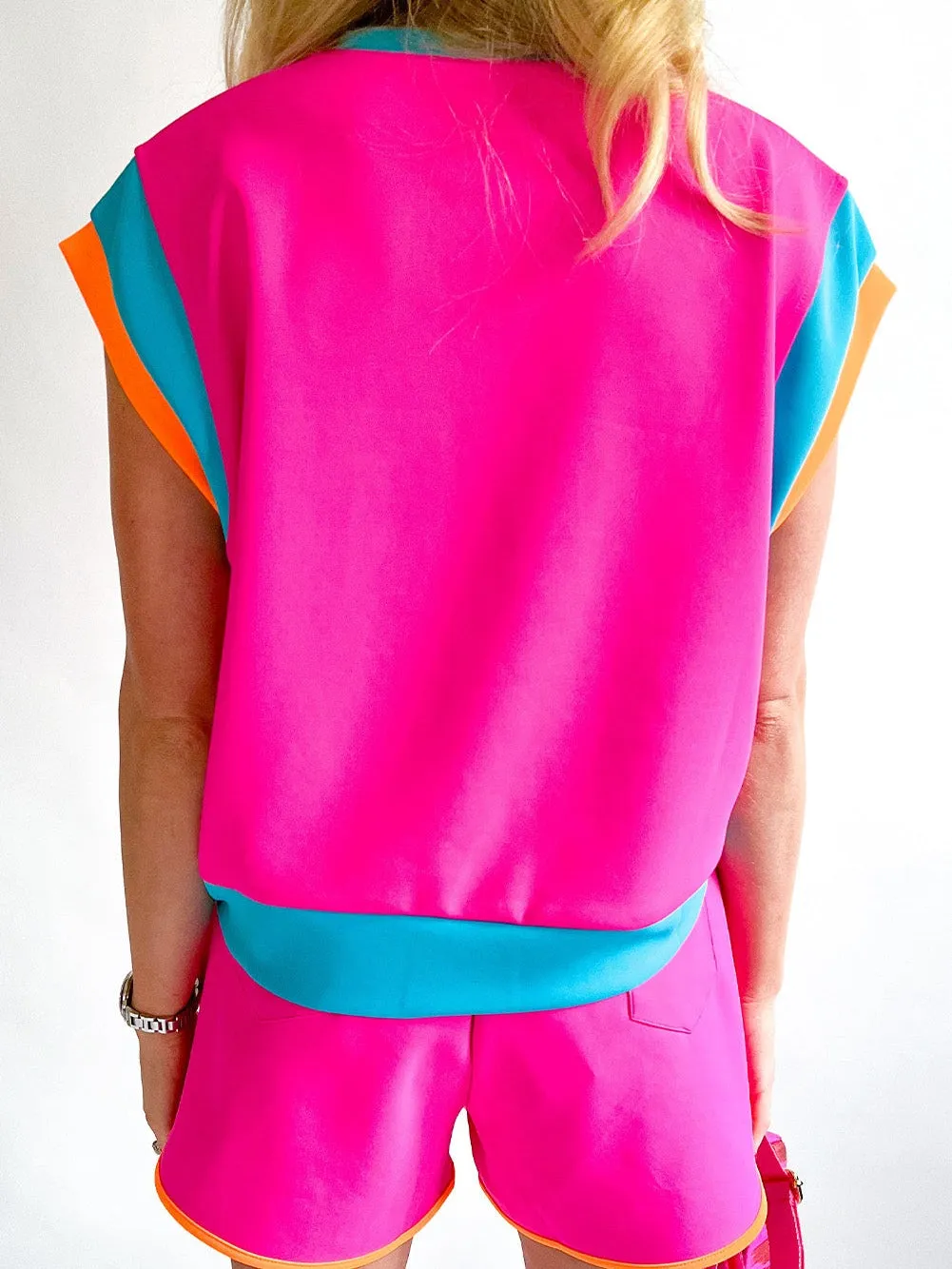 Cap Sleeve Top and Shorts Set in Pink, Teal, and Orange