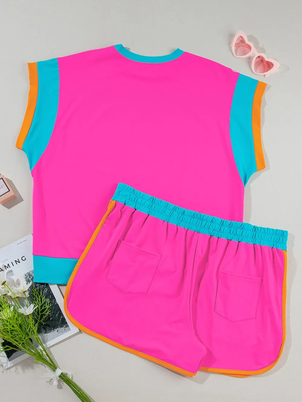Cap Sleeve Top and Shorts Set in Pink, Teal, and Orange