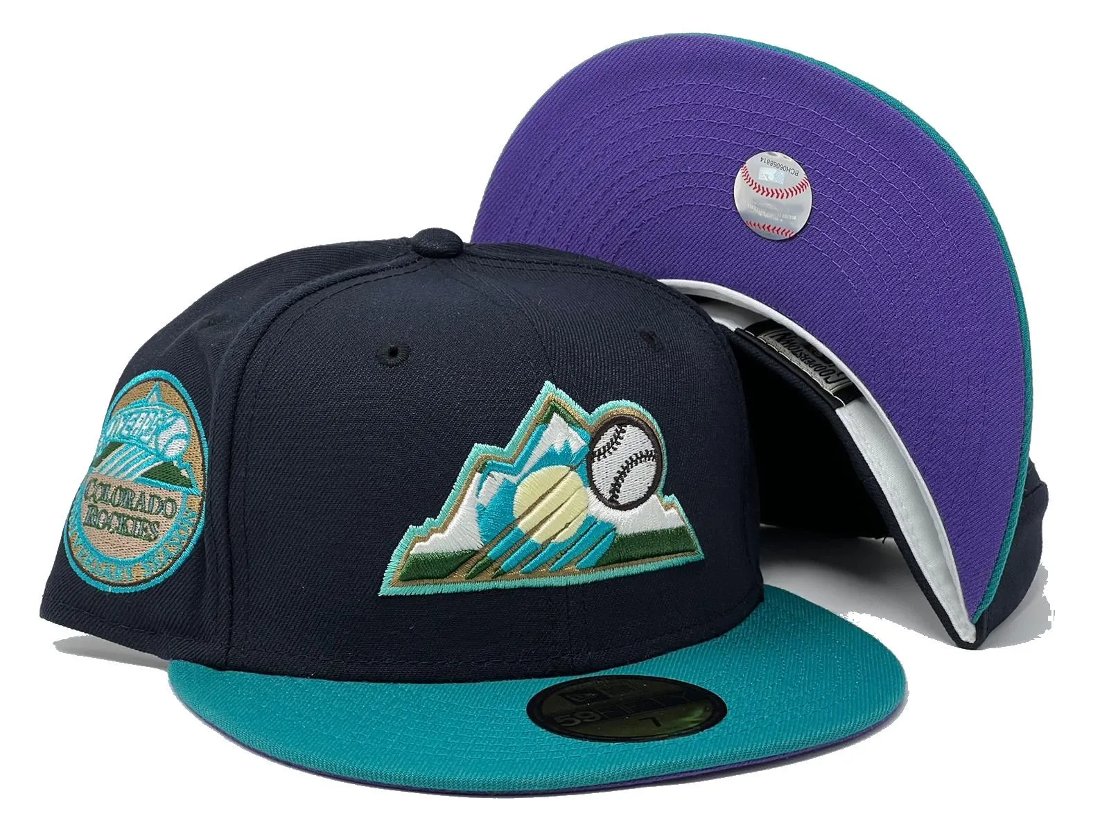 COLORADO ROCKIES 10TH ANNIVERSARY NAVY AQUA PURPLE BRIM NEW ERA FITTED HAT