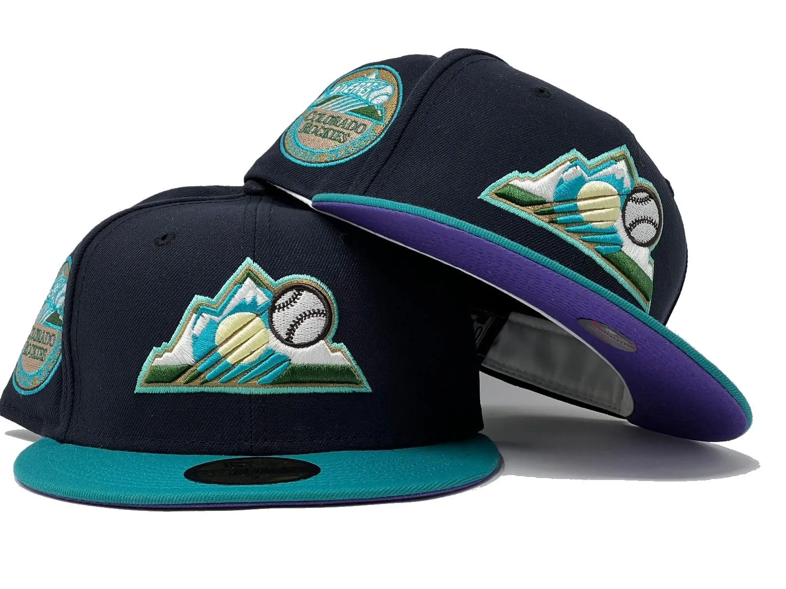 COLORADO ROCKIES 10TH ANNIVERSARY NAVY AQUA PURPLE BRIM NEW ERA FITTED HAT