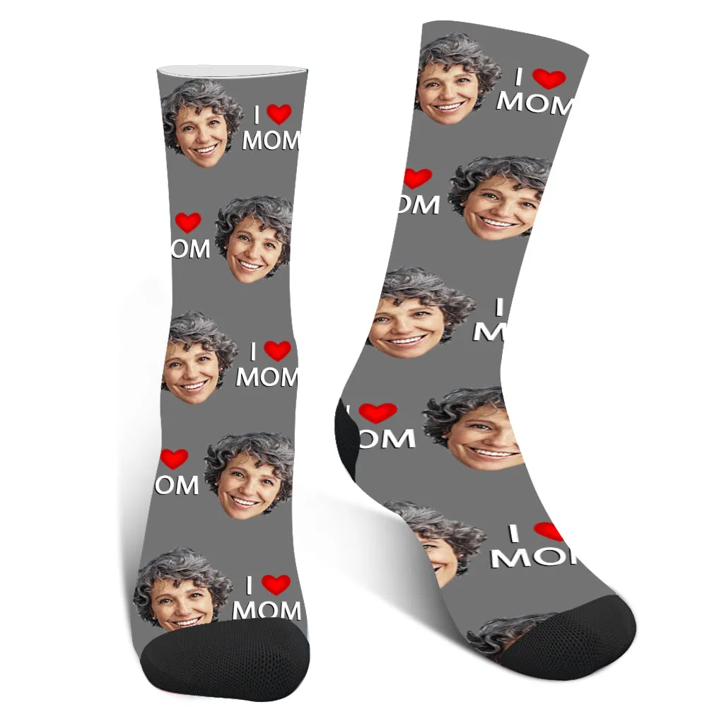 Custom Photo "I Love Mom" Face Socks