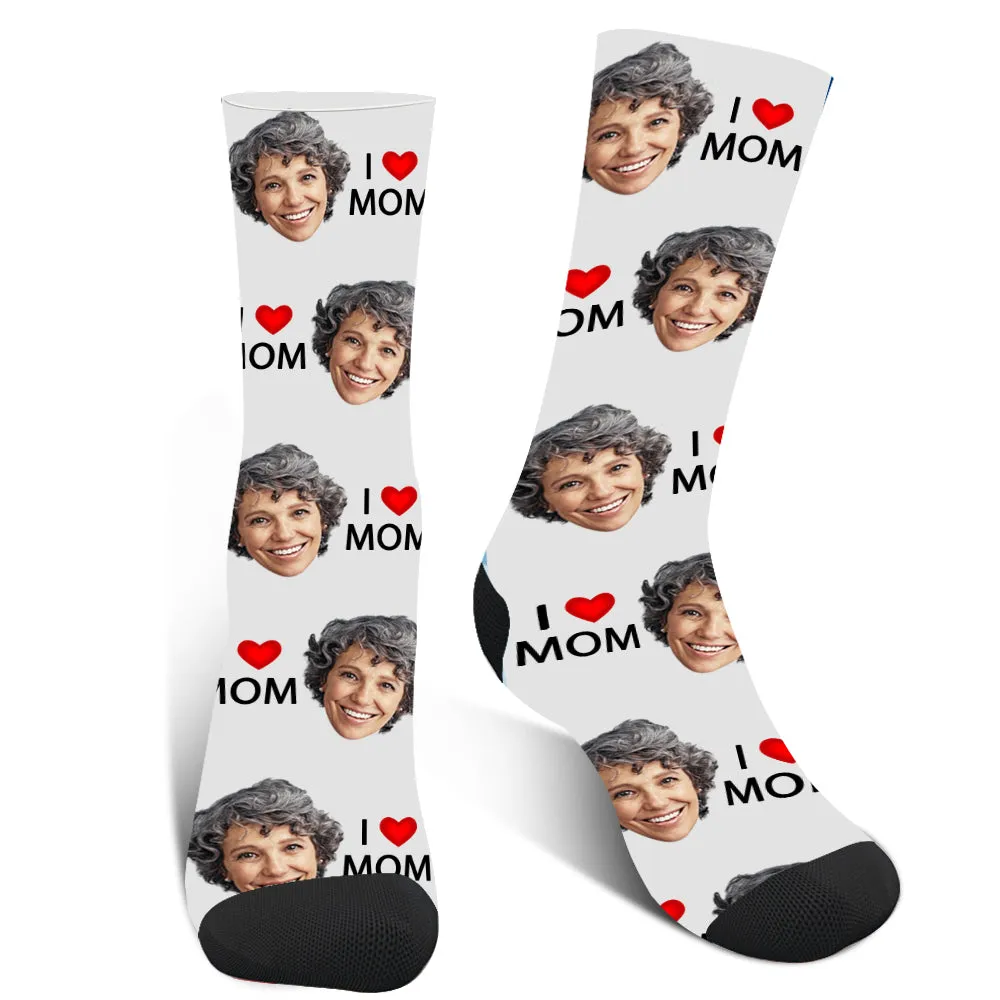 Custom Photo "I Love Mom" Face Socks