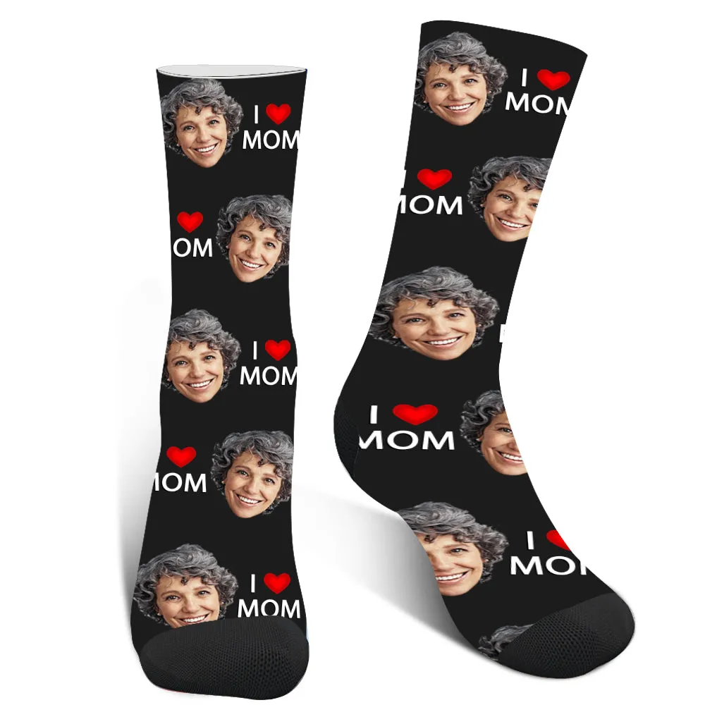Custom Photo "I Love Mom" Face Socks