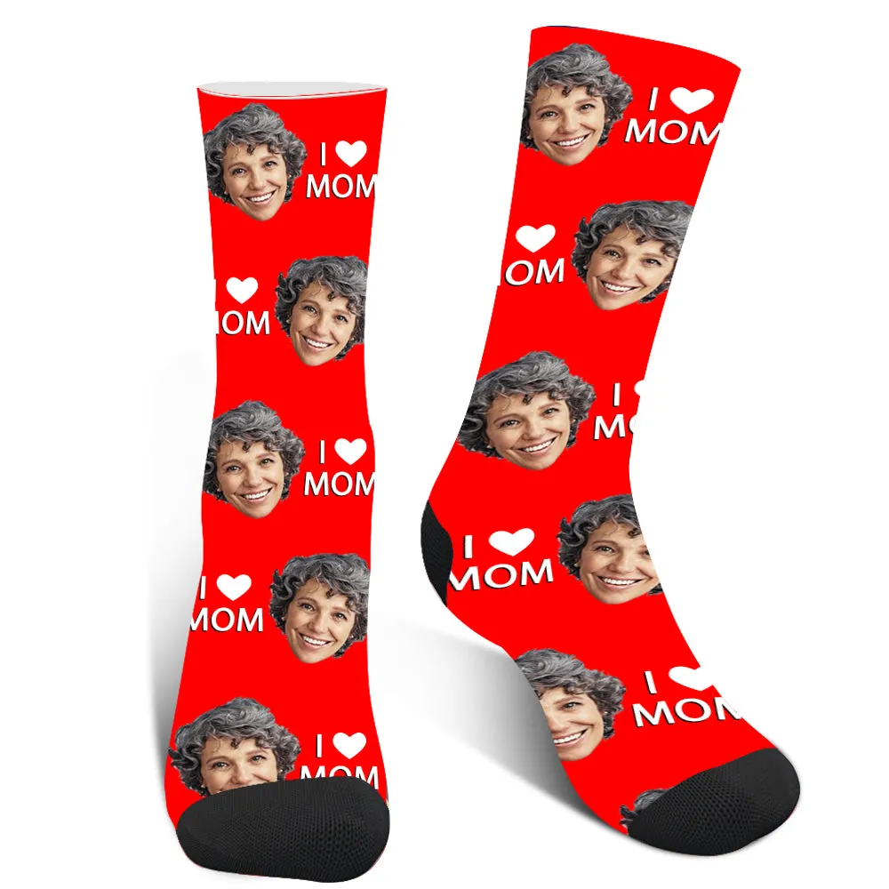Custom Photo "I Love Mom" Face Socks