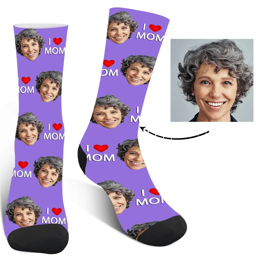 Custom Photo "I Love Mom" Face Socks