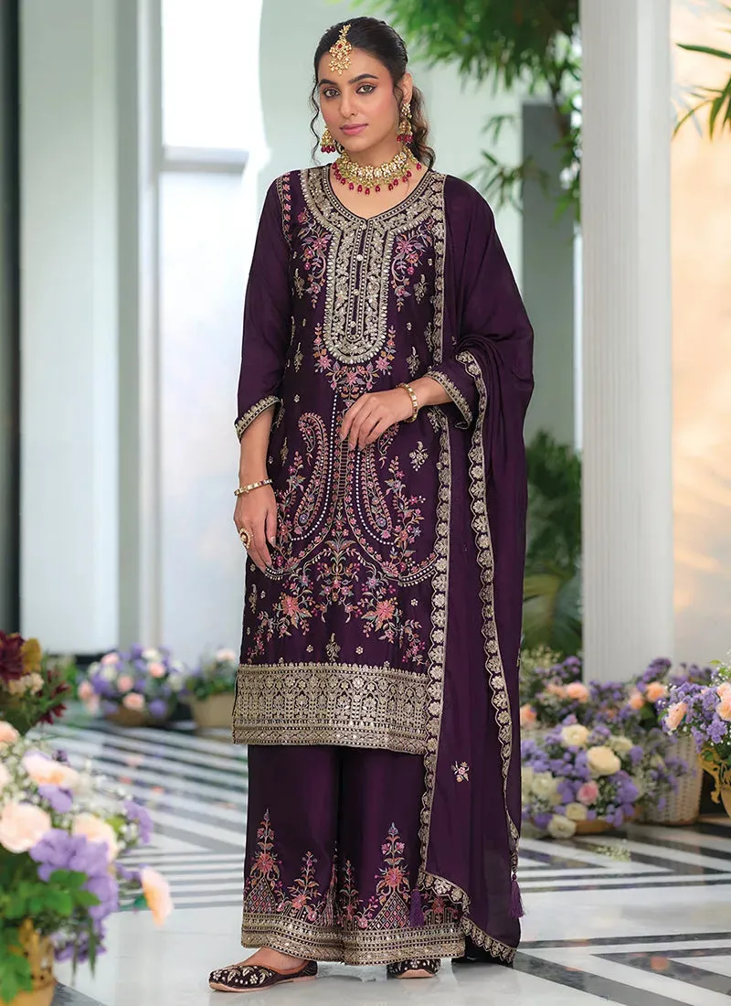 Dazzling Deep Purple Embroidered Traditional Palazzo Suit