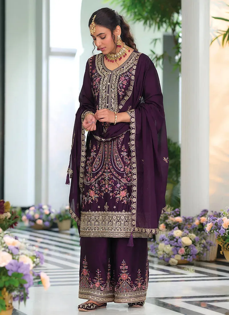 Dazzling Deep Purple Embroidered Traditional Palazzo Suit