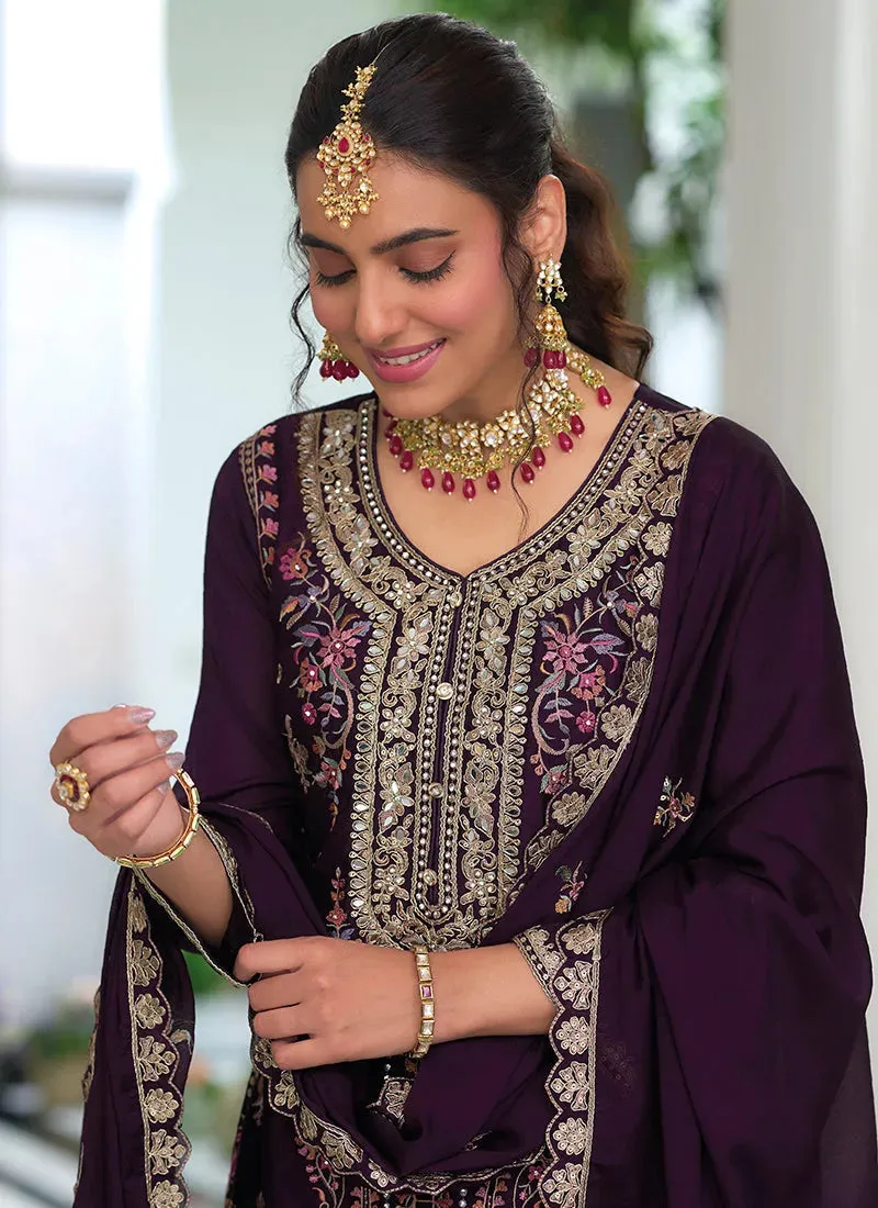 Dazzling Deep Purple Embroidered Traditional Palazzo Suit