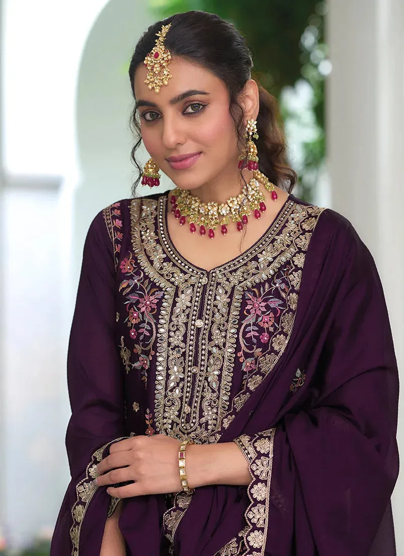 Dazzling Deep Purple Embroidered Traditional Palazzo Suit