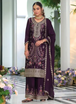 Dazzling Deep Purple Embroidered Traditional Palazzo Suit