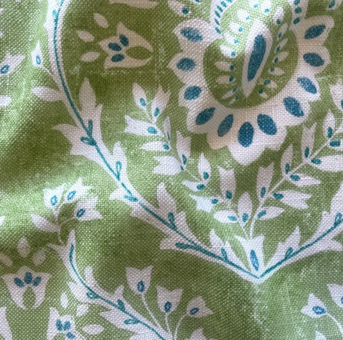 Fern Green & Teal Block Print Cotton Basket-Weave (Made in India)