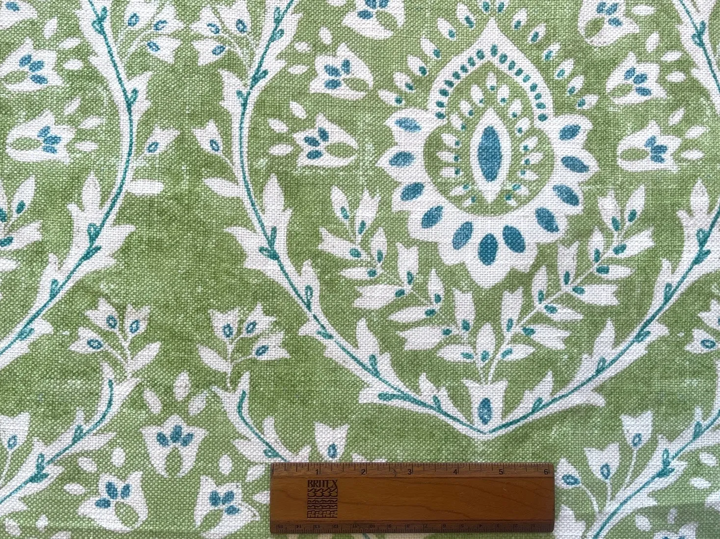 Fern Green & Teal Block Print Cotton Basket-Weave (Made in India)