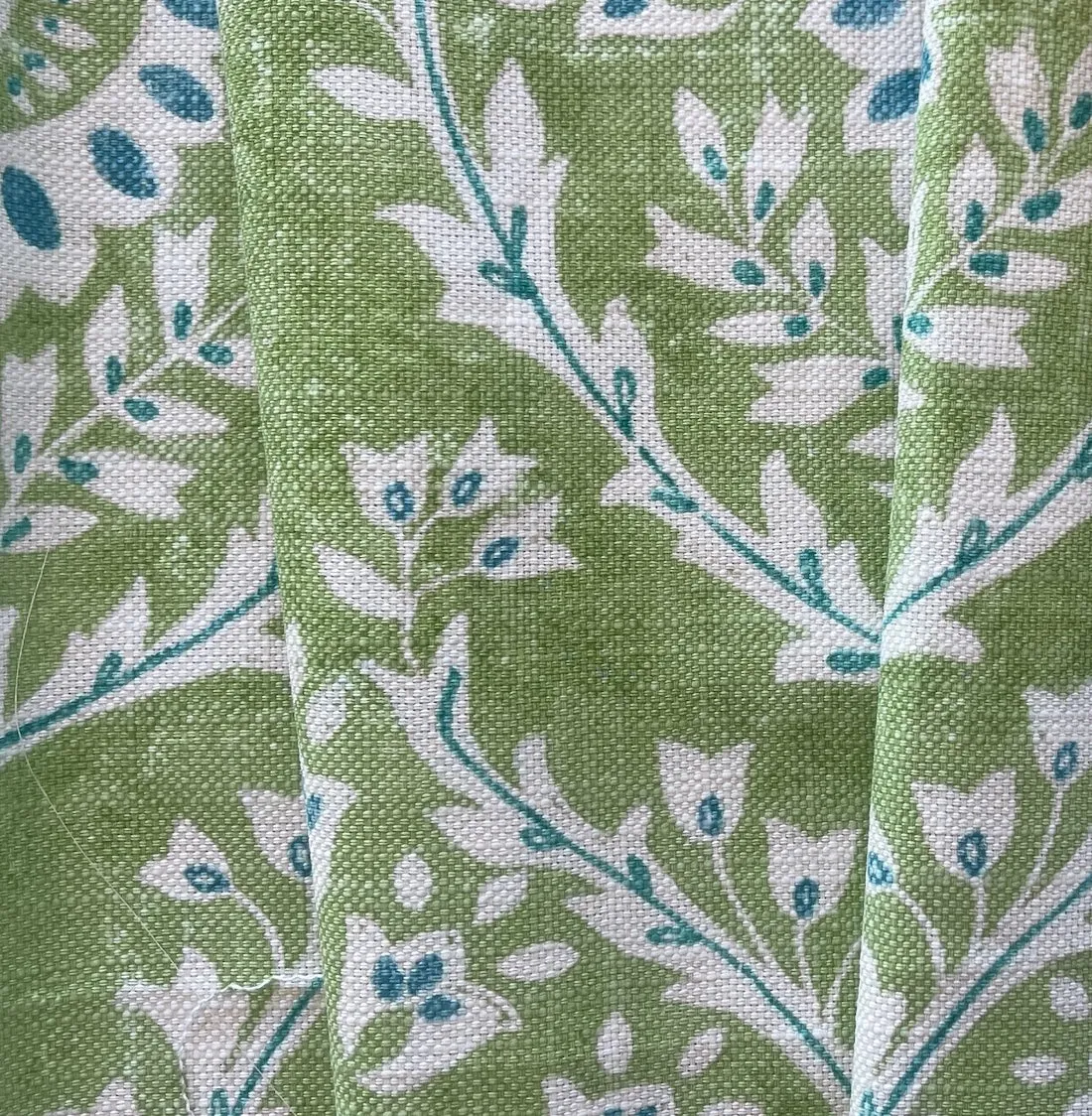 Fern Green & Teal Block Print Cotton Basket-Weave (Made in India)