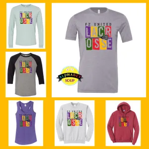 FZ United Boys Lacrosse Colorful Boxed Design On Adult and Youth Tees And Sweatshirts