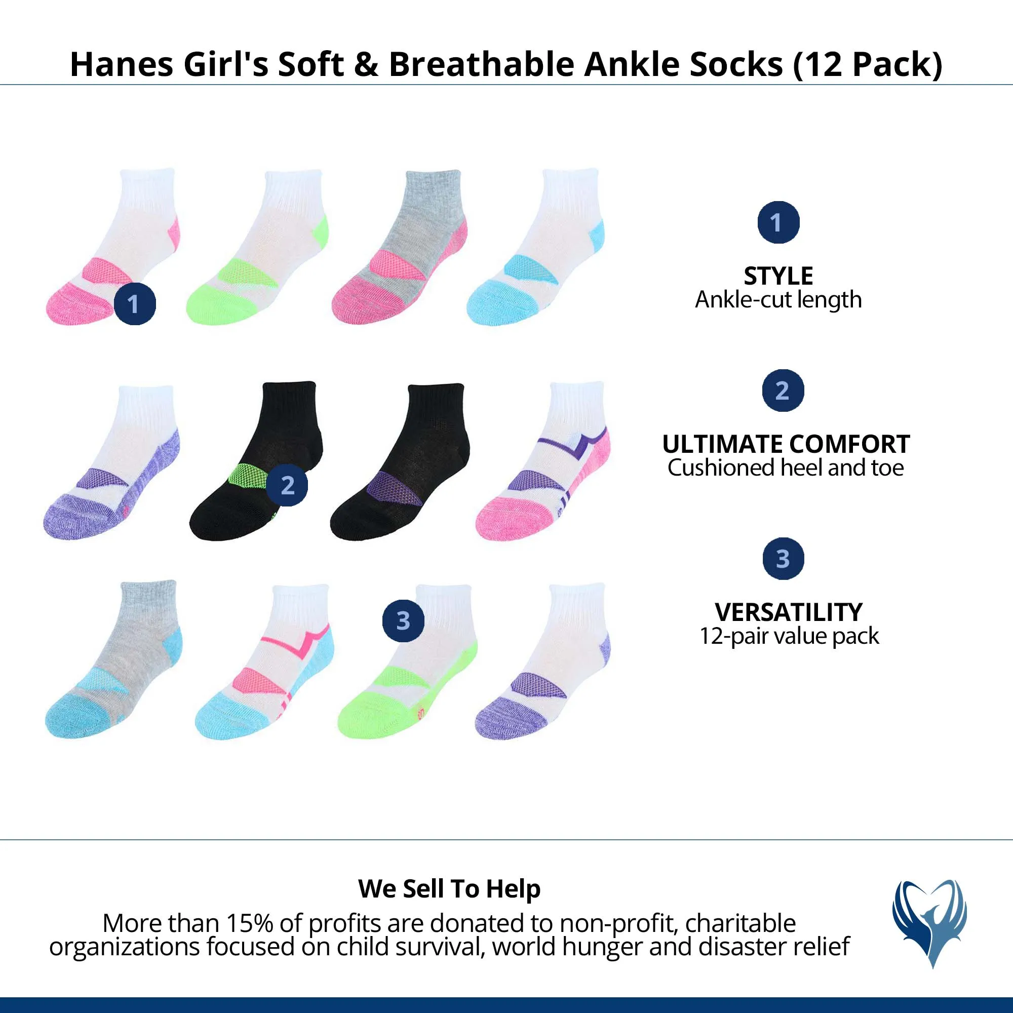Hanes Girl's Soft & Breathable Ankle Socks (12 Pack)
