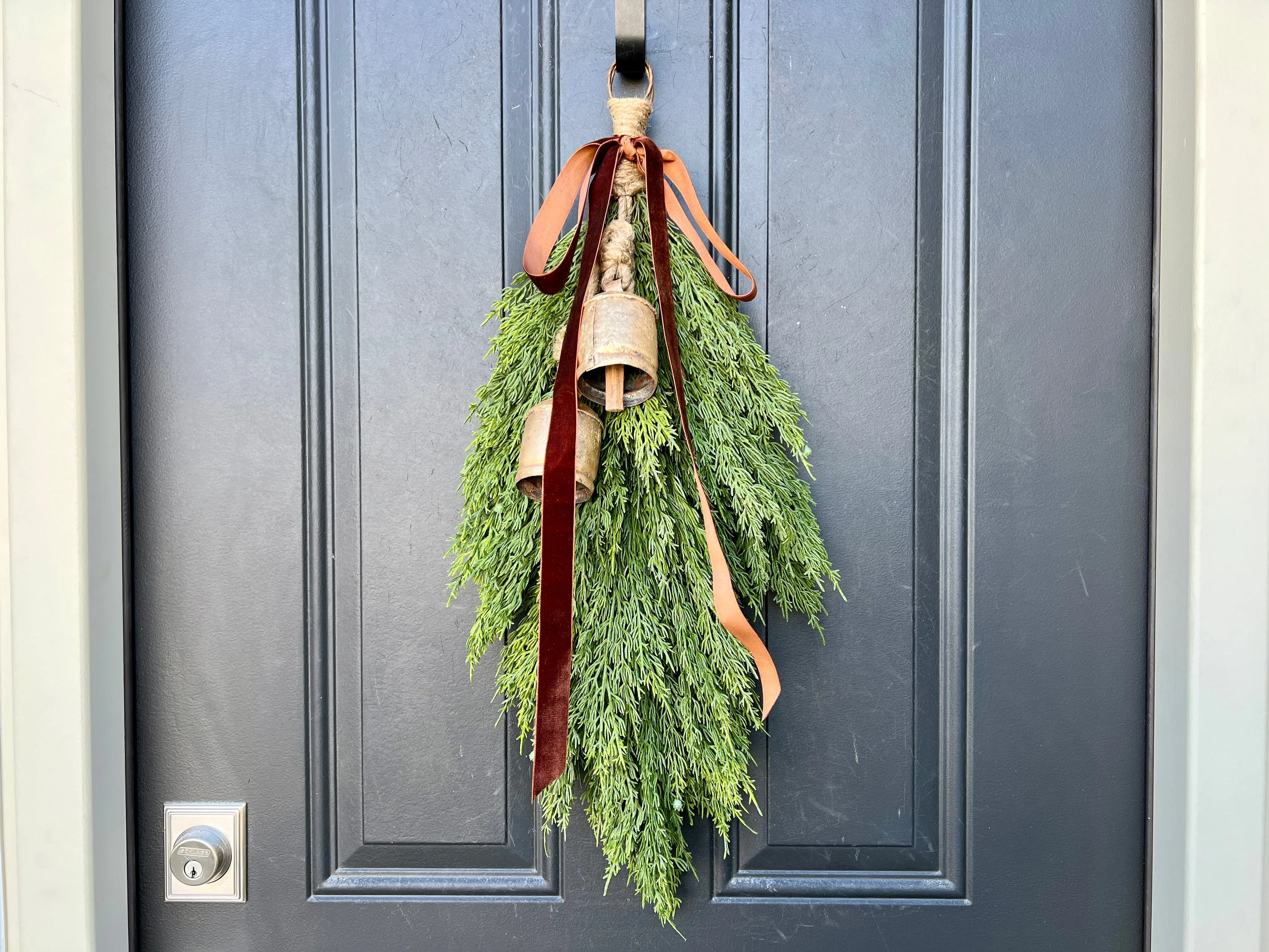 Juniper & Velvet Ribbon Holiday Swag Wreath with Bells