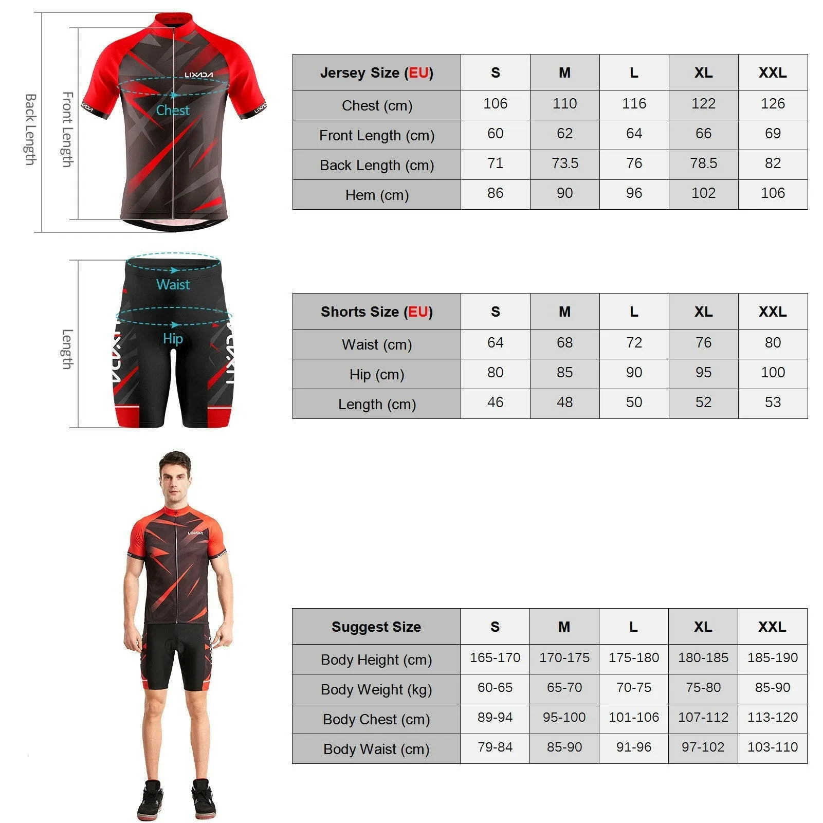 Lixada Men Cycling Jersey Breathable Short Sleeve Bike Shirt and Padded Shorts MTB Bicycle Clothing Suit