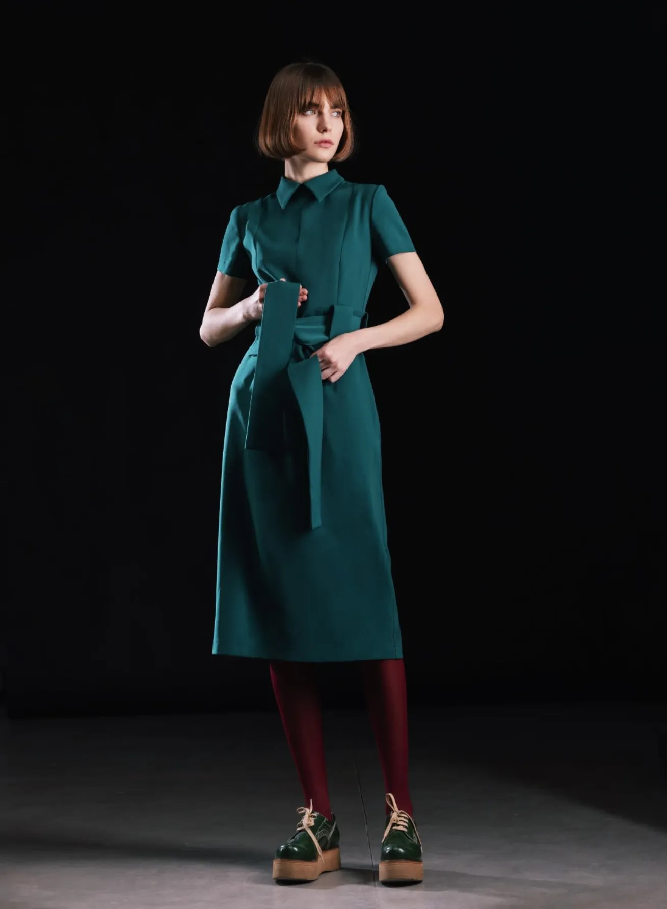 Midi Dress With Belt- Green