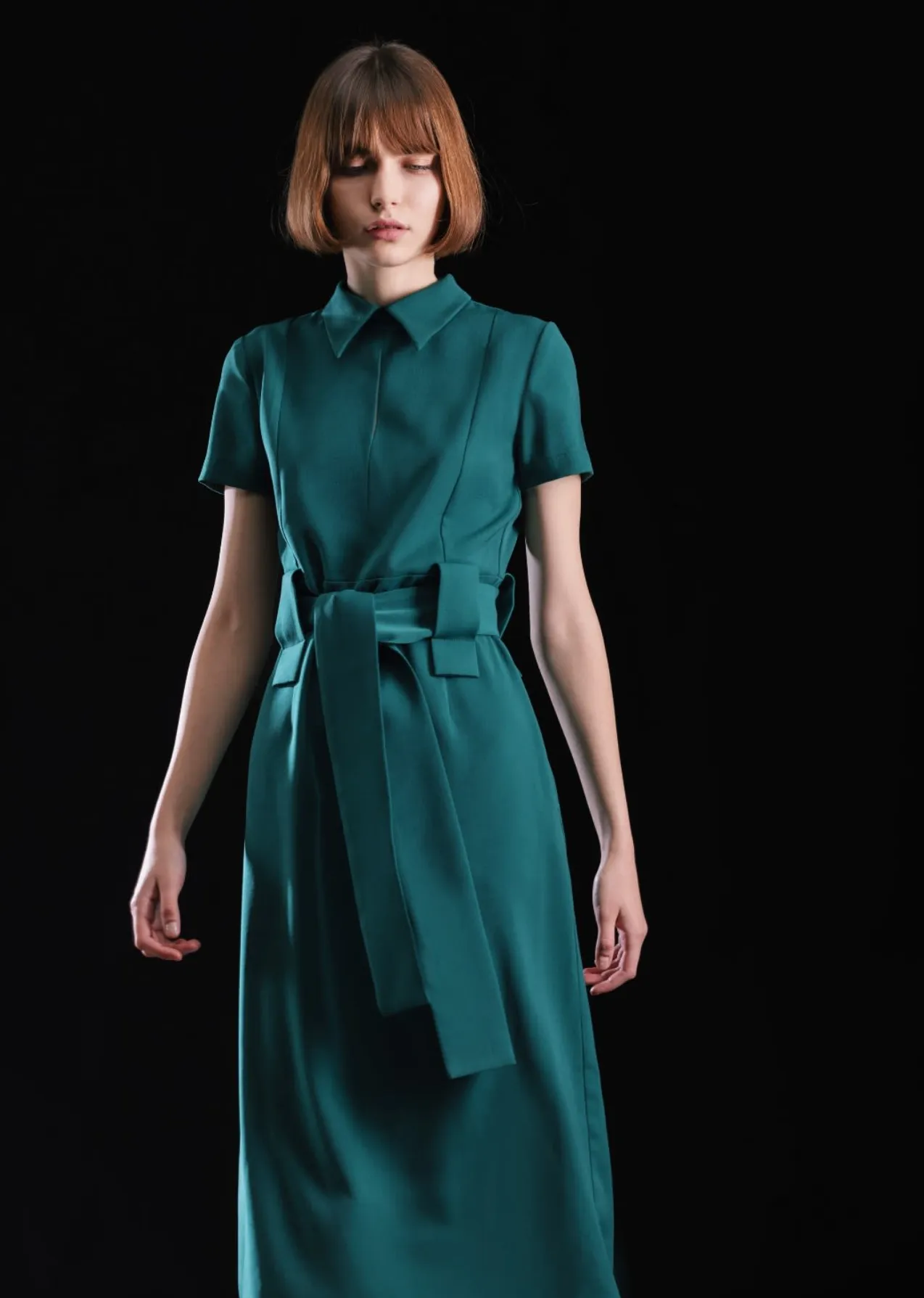 Midi Dress With Belt- Green