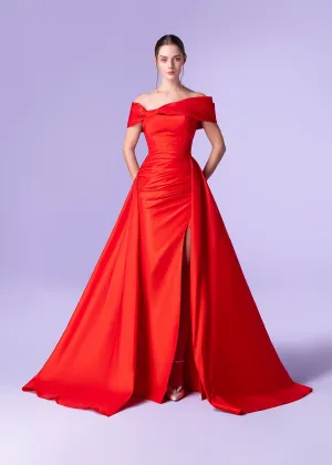 Red Orange Taffeta Draped Dress With Godet-2526 Online UAE