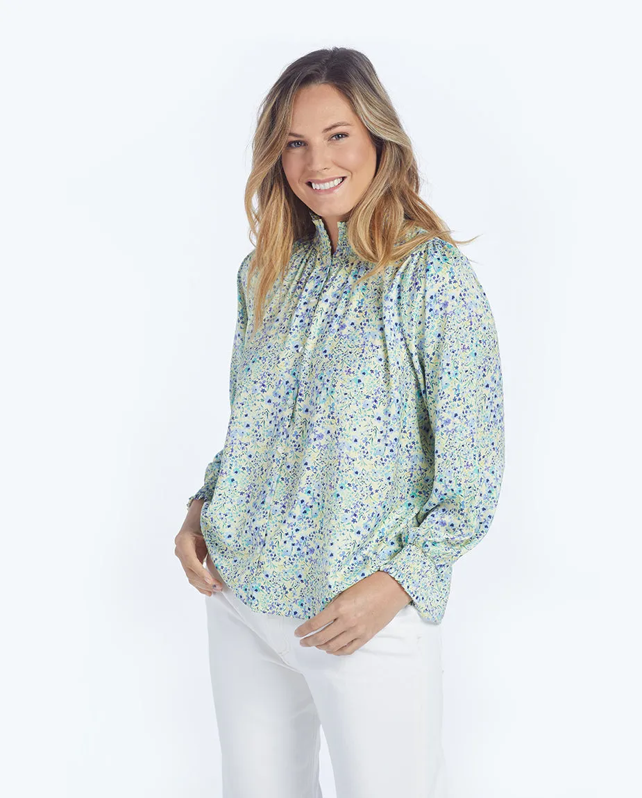 The All Dressed Up Button Up Blouse - Painted Floral in Slate & Powder Blue
