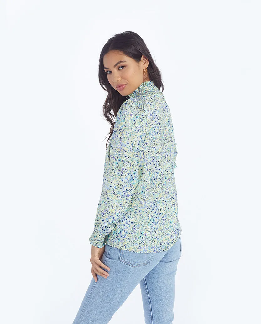 The All Dressed Up Button Up Blouse - Painted Floral in Slate & Powder Blue