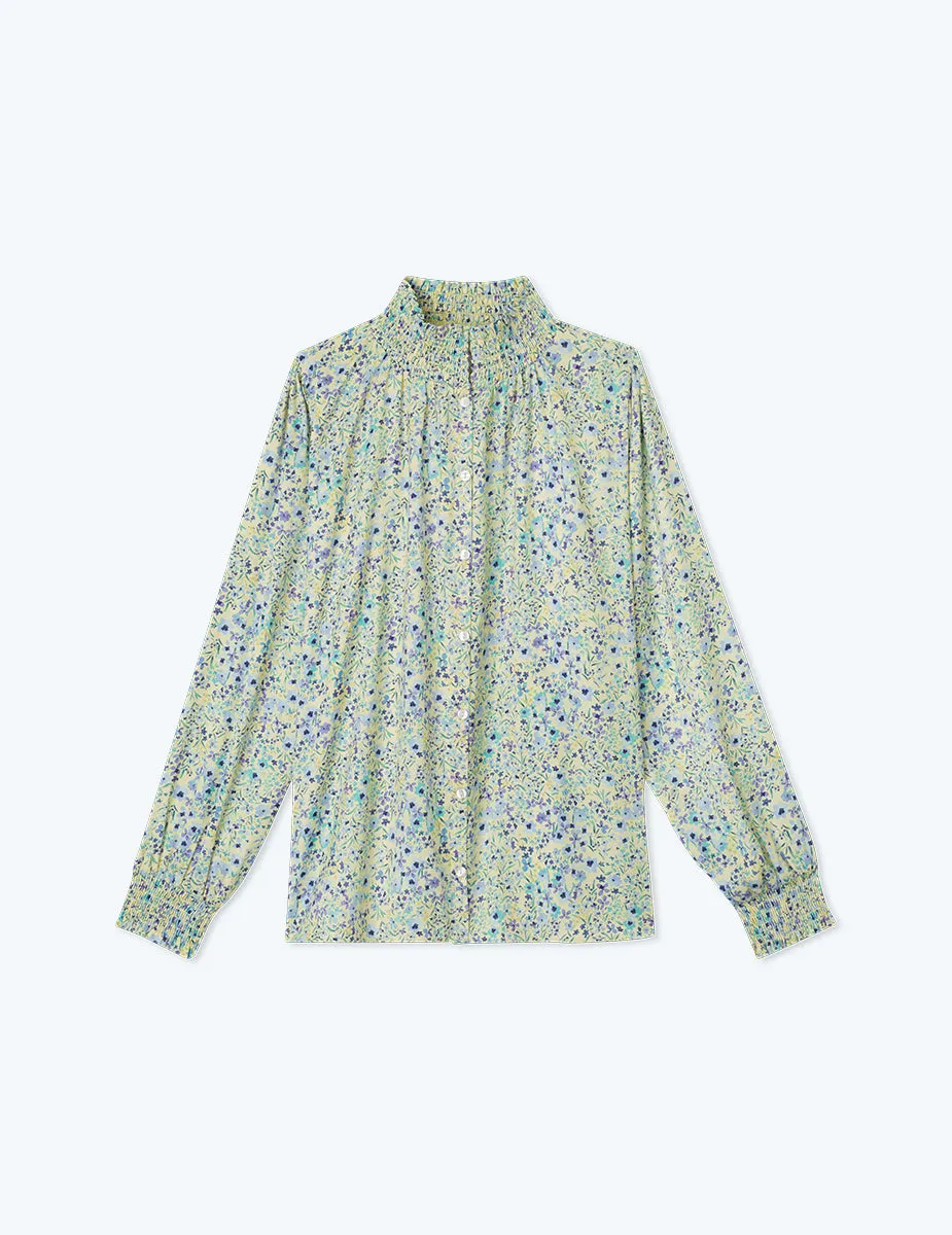 The All Dressed Up Button Up Blouse - Painted Floral in Slate & Powder Blue