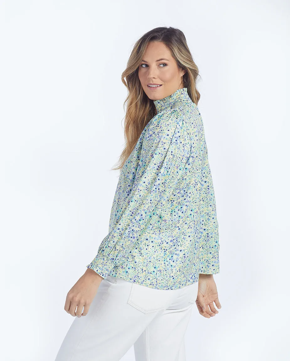 The All Dressed Up Button Up Blouse - Painted Floral in Slate & Powder Blue