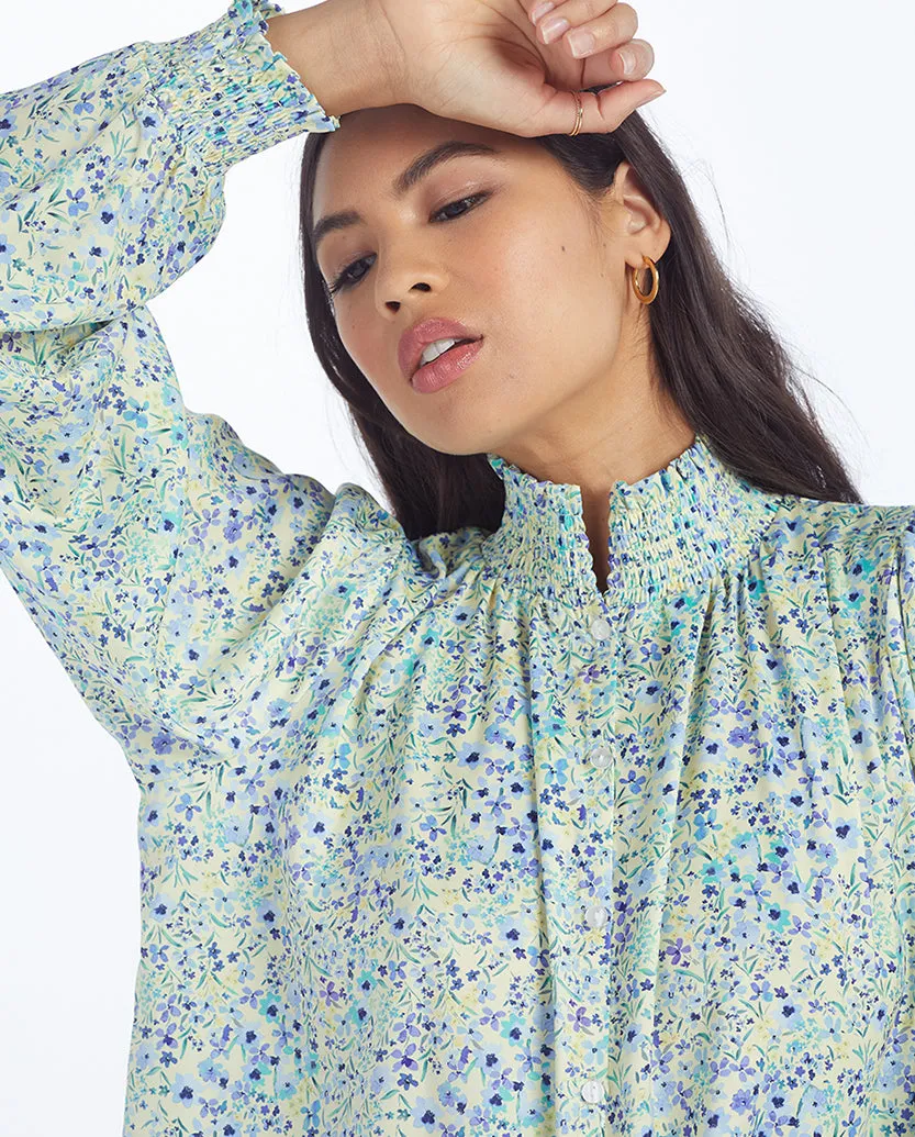 The All Dressed Up Button Up Blouse - Painted Floral in Slate & Powder Blue